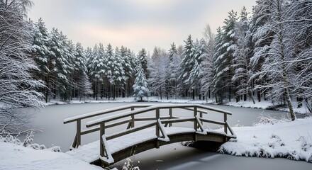 The serene and aesthetic beauty of a rustic wooden footbridge in a snowy winter wonderland landscape