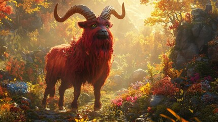 Panorama, front view, in an autumn forest, there is a Tibetan antelope with red beard and hair, red hair all over the body, black face, green eyes, a pair of huge goat horns, sunlight shining on the g