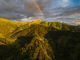 Aerial view of a rainbow above green mountain ridges illuminated by warm golden hour sunlight. Dense conifer forests, dramatic clouds, and scenic alpine terrain. Nature background, summer landscape
