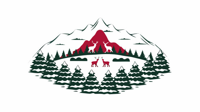 Scenic mountain landscape with deer silhouettes and evergreen trees in a winter themed design | editable eps vectors
