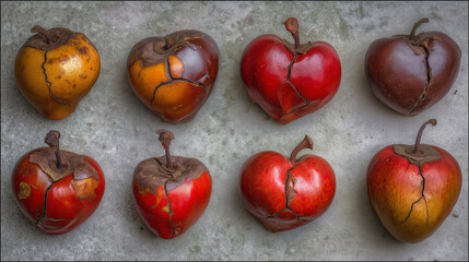 deceptive. Beautiful yet poisonous fruits arranged in a heart shape reveal subtle cracks. menu design, packaging mockups, designed for culinary blogs and recipe cards for restaurants.