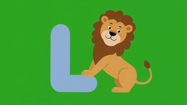 Animated letter 'L' smiling brightly while a tall cartoon lION bends its long neck to peek through the gap of the 'L'. They giggle together. Greenscreen background, playful children&rsquo;s animation