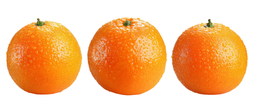 Three ripe oranges arranged in a row, showcasing their vibrant color and texture against a clean background, ideal for food-related content or healthy lifestyle themes