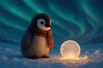 Cute Emperor Penguin Chick Wearing a Scarf Next to a Glowing Snow Orb under the Aurora Borealis