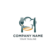 Chefs hat with fork and knife logo for restaurant or cafe.