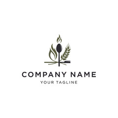 Spoon and Fork with Flame and Wheat Logo for Food Company.