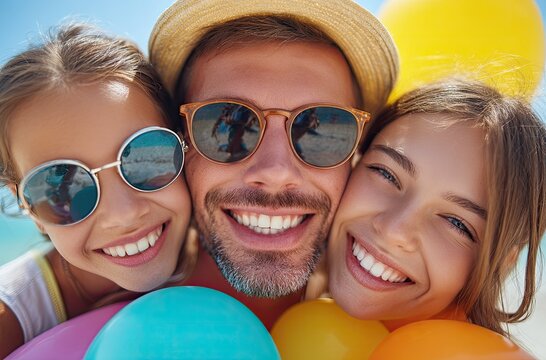 a happy family enjoys their vacation, surrounded by colorful balloons and wearing sunglasses against a vibrant blue sky