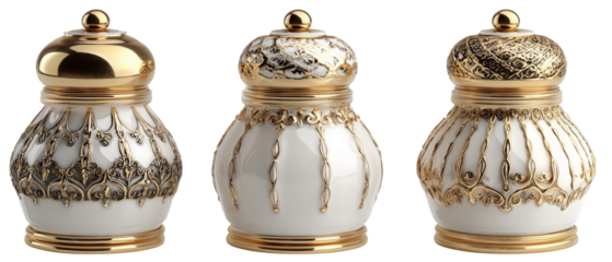 A trio of elegant decorative jars featuring intricate gold detailing and ornate designs, set against a plain background, ideal for home decor or interior design inspiration