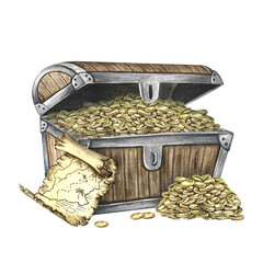 Treasure Island. Chest with gold coins and a treasure map. Hand-drawn watercolor illustrations. Colorful image. Sea voyage. Pirate theme. For games, stickers, posters, banners, and more. © ANTONINA MASLOVA