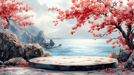 Coastal platform scene with pink cherry blossoms