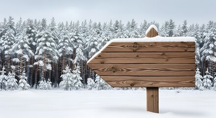A blank rustic wooden arrow sign offering direction with a serene winter aesthetic, set against a beautiful snow-covered pine forest
