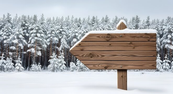 A blank rustic wooden arrow sign offering direction with a serene winter aesthetic, set against a beautiful snow-covered pine forest