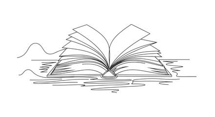 Minimalist one continuous line drawing of an open book, representing learning, wisdom, and the journey of knowledge through artistic illustration