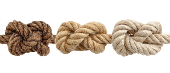 Three intricately tied knots made from different types of rope, showcasing varying textures and colors, set against a neutral background, highlighting craftsmanship and knot-tying techniques