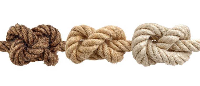 Three intricately tied knots made from different types of rope, showcasing varying textures and colors, set against a neutral background, highlighting craftsmanship and knot-tying techniques