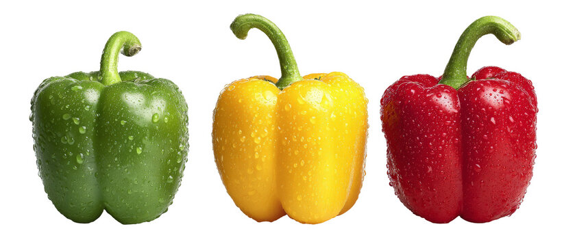 A vibrant display of fresh green, yellow, and red bell peppers arranged side by side, showcasing their glossy surfaces and water droplets, perfect for culinary use and healthy eating themes