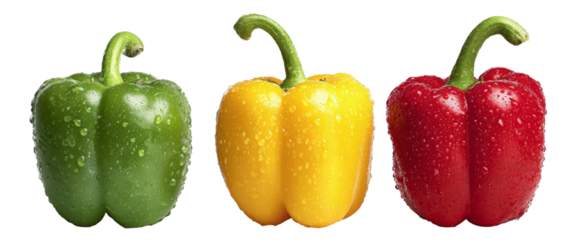 A vibrant display of fresh green, yellow, and red bell peppers arranged side by side, showcasing their glossy surfaces and water droplets, perfect for culinary use and healthy eating themes