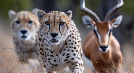 four cheetahs chasing an impala in the savannah