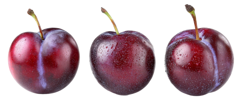A close-up view of three fresh, plump plums with droplets of water on their surface, showcasing their vibrant red-purple color against a transparent background