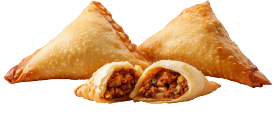 A close-up view of golden-brown samosas filled with spiced meat and vegetables, arranged artistically on a white background, showcasing their flaky texture and delicious filling