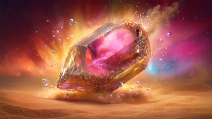 geode. Translucent geode bursting with cosmic dust and glowing bubbles, capturing ancient atmosphere. STEM education sheets.