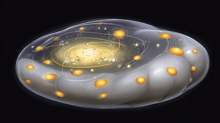 geode. Translucent geode bursting with cosmic dust and glowing bubbles, capturing ancient atmosphere. STEM education sheets.