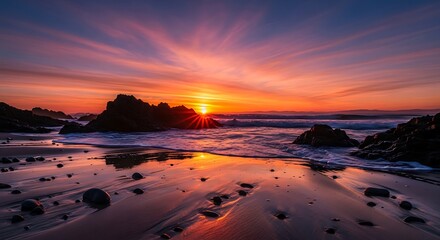 Crimson coast spectacle a vibrant sunset casts radiant hues across rocky outcrops and tranquil ocean surf