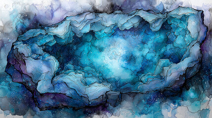 geode. Translucent geode bursting with cosmic dust and glowing bubbles, capturing ancient atmosphere. STEM education sheets.