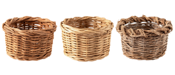 Three intricately woven baskets displayed side by side, showcasing varying shades of natural materials, set against a neutral background, perfect for home decor or storage use