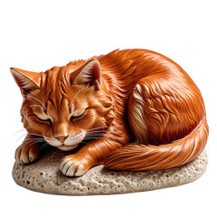 Orange cat curled up, sleeping peacefully on a round, textured surface