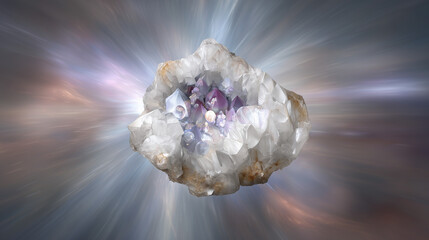 geode. Translucent geode bursting with cosmic dust and glowing bubbles, capturing ancient atmosphere. STEM education sheets.