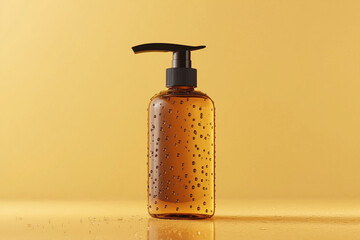 Horizontal Amber Glass Pump Bottle Mockup with Water Drops on Surface