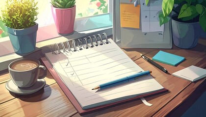 Cozy workspace with checklist notebook, coffee, pens, corkboard, and plants by sunlit window.