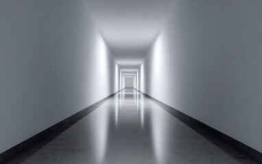 Obraz premium Long white corridor with sleek modern design illuminated by bright lights