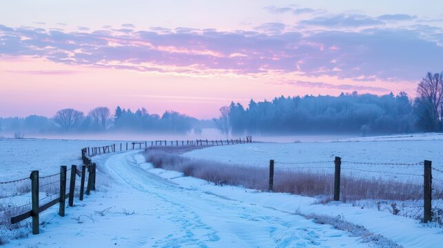 Serene winter landscape at sunrise during Orthodox Christmas. Horizontal banner. Copy space. Orthodox Christmas. Free space for text - Powered by Adobe