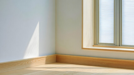 Fototapeta premium Bright sunlight streams into a minimalistic room through a large window, casting soft shadows on the warm wooden floor