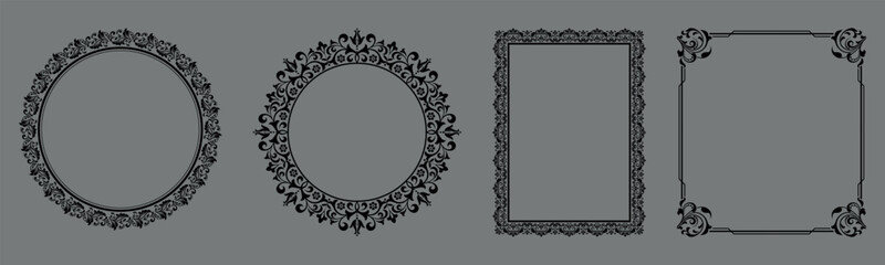 Set of decorative frames Elegant vector element for design in Eastern style, place for text. Floral black and gray borders. Lace illustration for invitations and greeting cards