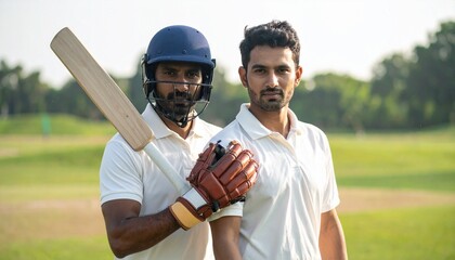 Cricket players on grassy field, one in helmet with bat, the other in white shirt, sunny day.