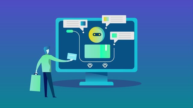 Shopping trolley filled with package displays on screen, AI chatbot send personalized offers message to recover abandoned cart, customer ready to complete the purchase process.