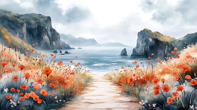 Coastal pathway through wildflowers