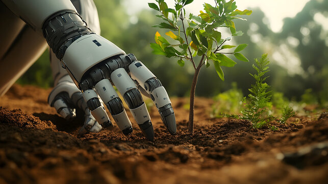 A robotic hand gently plants a young tree sapling in the earth.  A symbol of technological advancement and environmental stewardship.