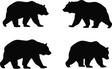 Flat vector illustration of four bear silhouettes, walking poses, wildlife animal design, nature graphic art