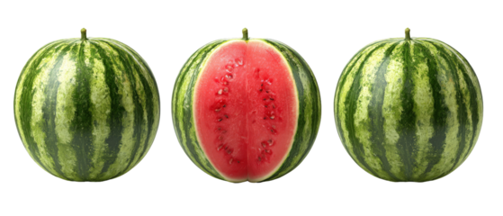 Three watermelons displayed in a row, showcasing one cut in half to reveal its vibrant red interior, set against a plain background, ideal for food-related content