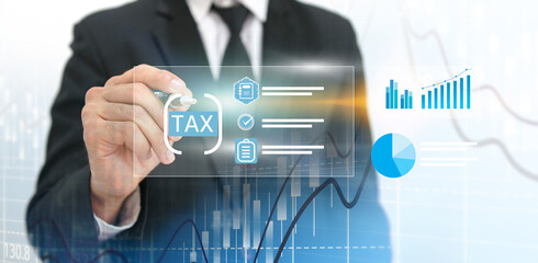 businessman organizing tax checklist through virtual interface. Tax planning services to maximize tax savings and optimize business finances