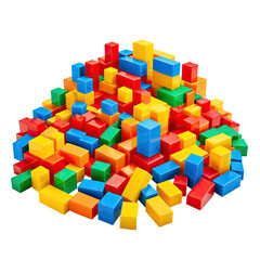 Pile of colorful toy blocks in red, blue, yellow, green, and orange