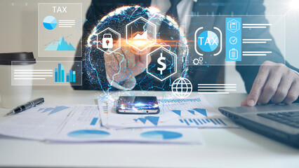 businessman organizing tax checklist through virtual interface. Tax planning services to maximize tax savings and optimize business finances