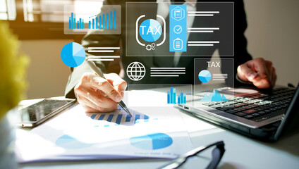 businessman organizing tax checklist through virtual interface. Tax planning services to maximize tax savings and optimize business finances