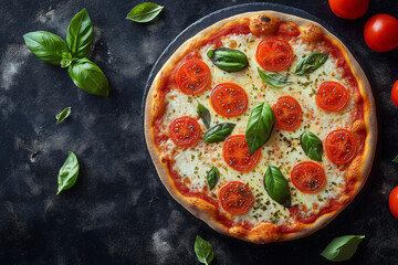 Margherita Pizza with Tomato and Basil on Black Surface