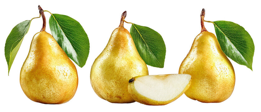 Three ripe yellow pears with green leaves, showcasing their glossy skin and fresh appearance, set against a clean background, ideal for food-related content and recipes