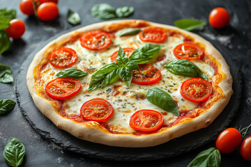 Margherita Pizza with Tomato and Basil on Black Surface